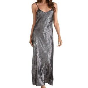 92$ Elan Spaghetti Strap Party Cocktail Maxi Dress Sleeveless Size M Silver